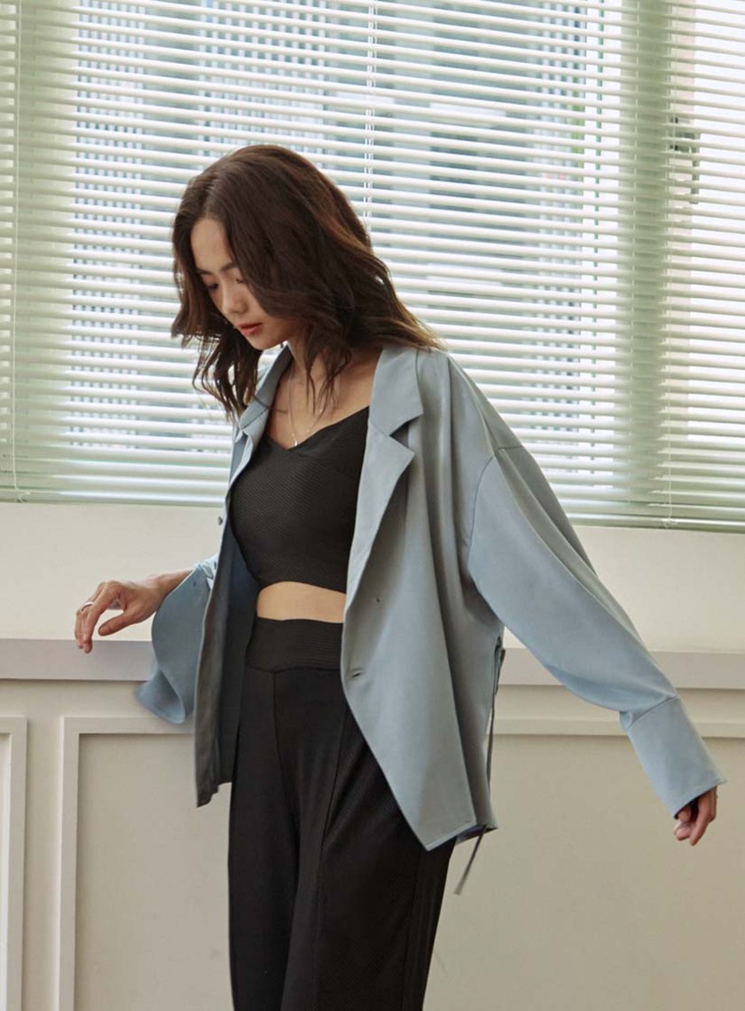 不對稱領細綁帶長袖襯衫